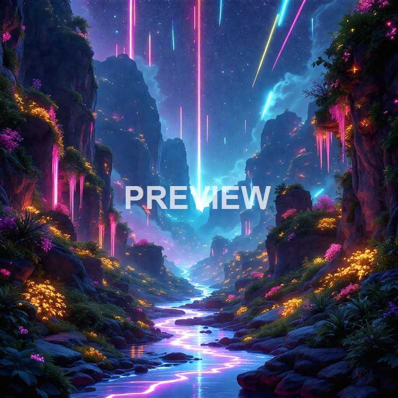 A fantastical landscape featuring a glowing river winding through lush, colorful mountains illuminated by vibrant neon waterfalls and streaks of multicolored light in the night sky.